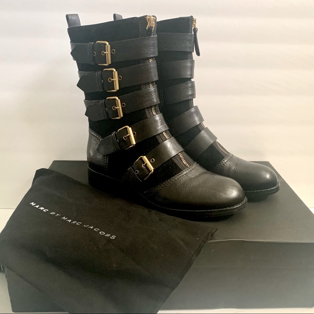 Marc By Marc Jacobs Gold Buckle Black Boots Moto Chic Leather Suede Straps